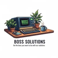 Boss Solutions logo: a retro computer on a desk. Be the boss you want to be with our solutions.